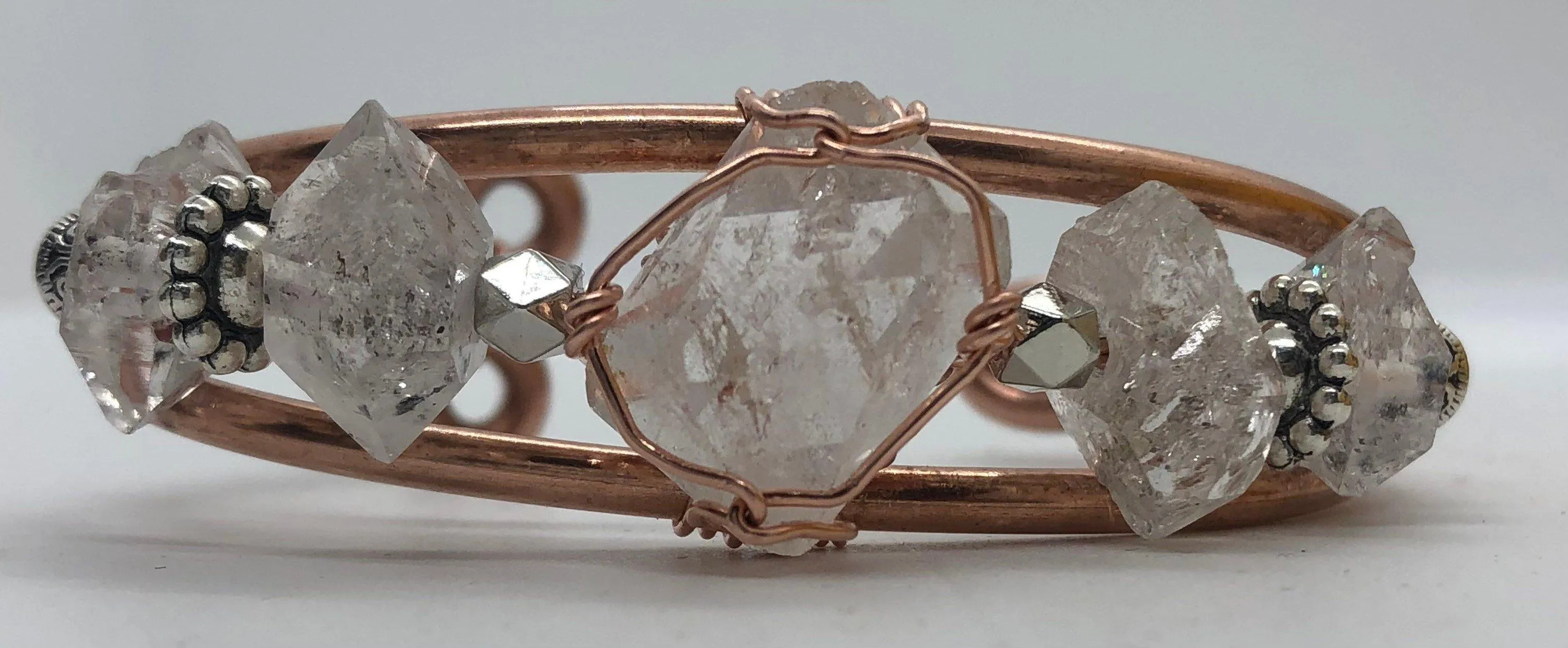 Herkimer Diamond with Herkimer Side Stones Handmade Copper Wirewrapped Bangle Bracelet