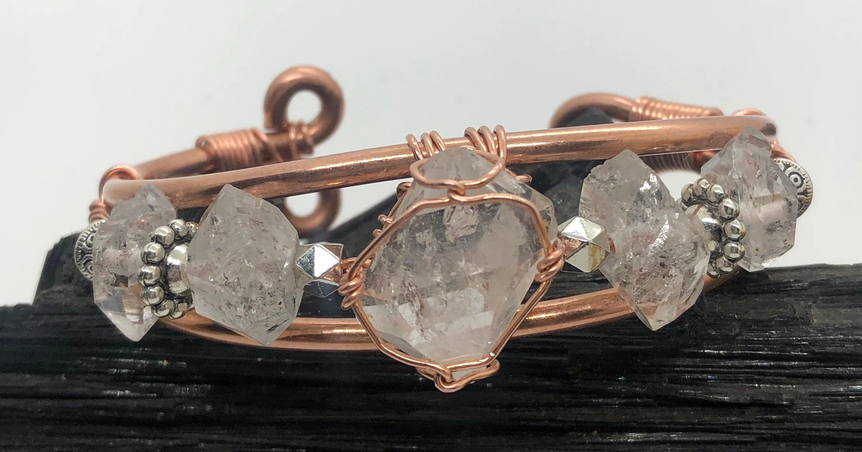 Herkimer Diamond with Herkimer Side Stones Handmade Copper Wirewrapped Bangle Bracelet