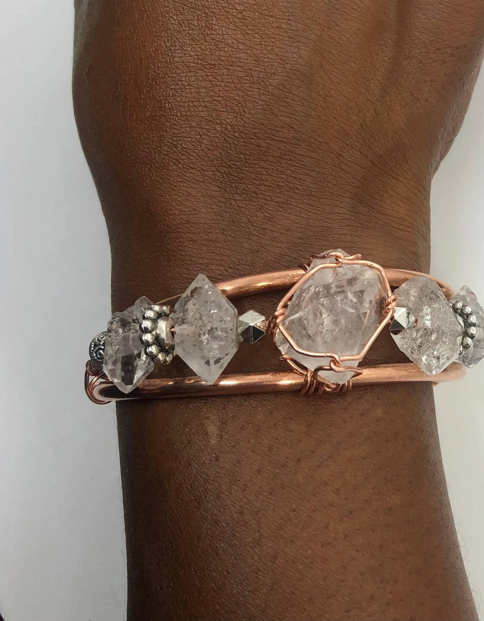 Herkimer Diamond with Herkimer Side Stones Handmade Copper Wirewrapped Bangle Bracelet