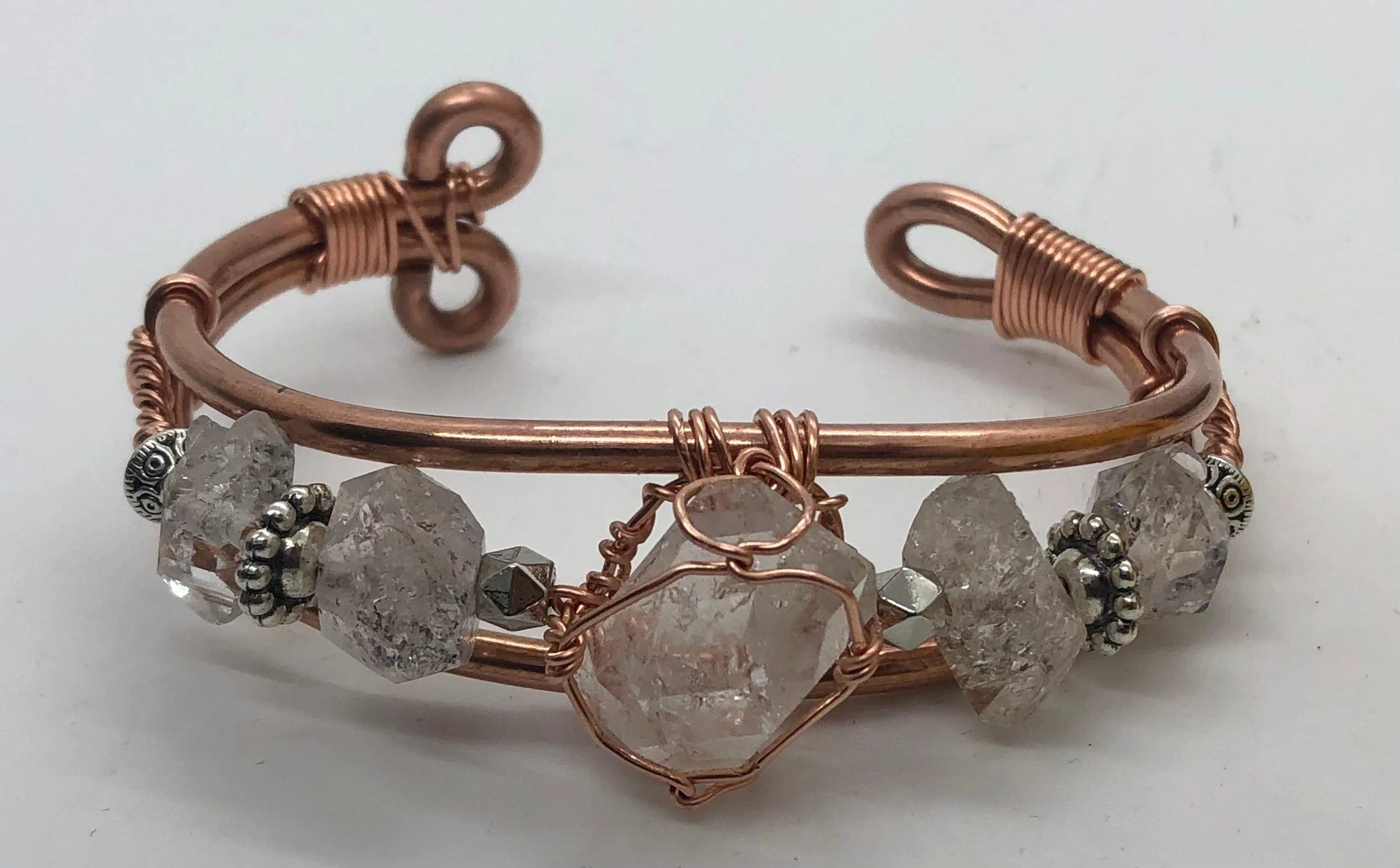 Herkimer Diamond with Herkimer Side Stones Handmade Copper Wirewrapped Bangle Bracelet