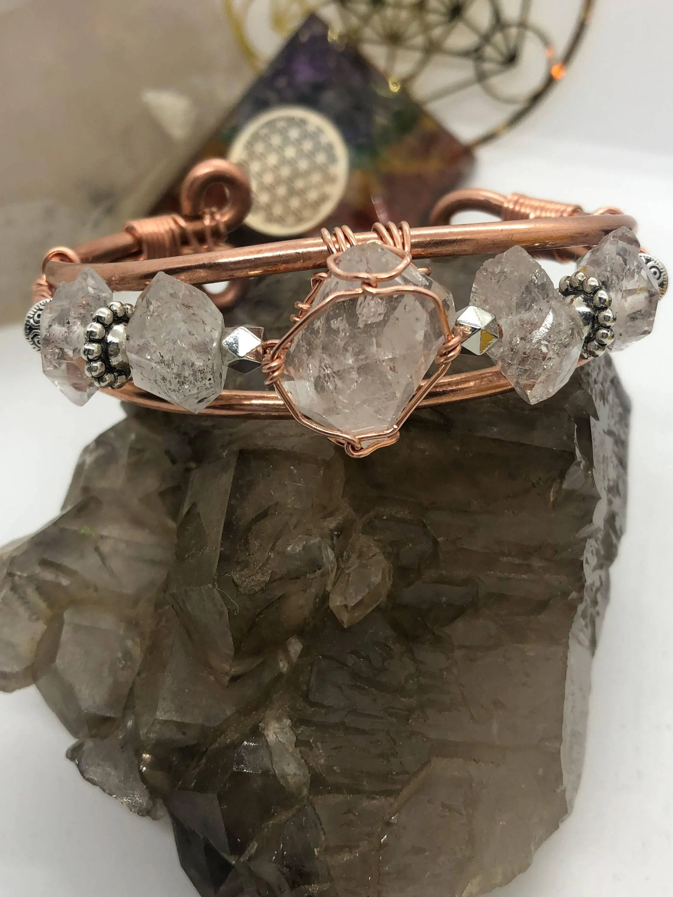 Herkimer Diamond with Herkimer Side Stones Handmade Copper Wirewrapped Bangle Bracelet