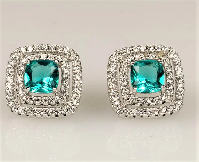 Idella Aqua Cushion Double Halo Stud Earrings | 2.5ct