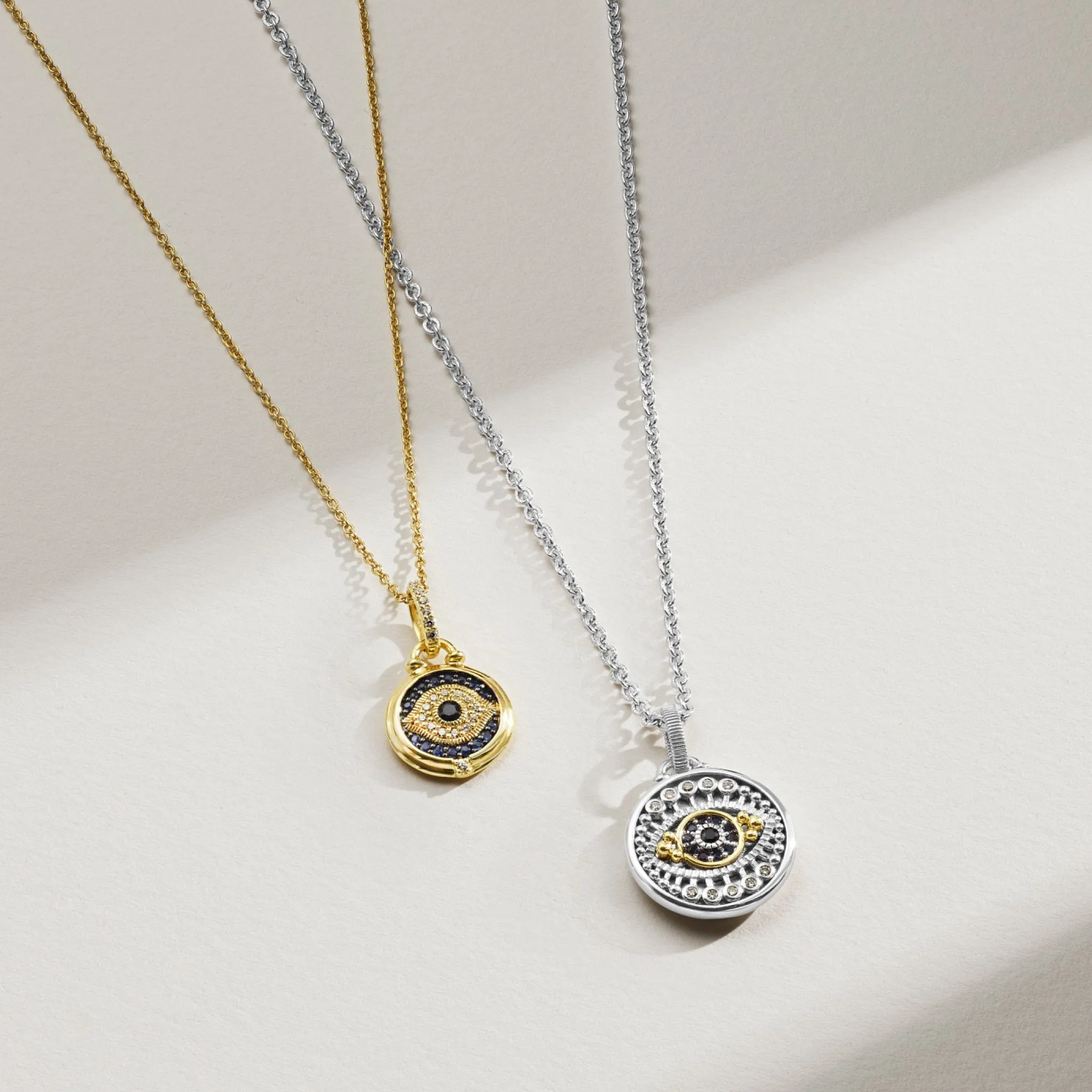 Little Luxuries Evil Eye Medallion Necklace with Black Sapphire, Blue Sapphire, Diamonds and 18K Gold