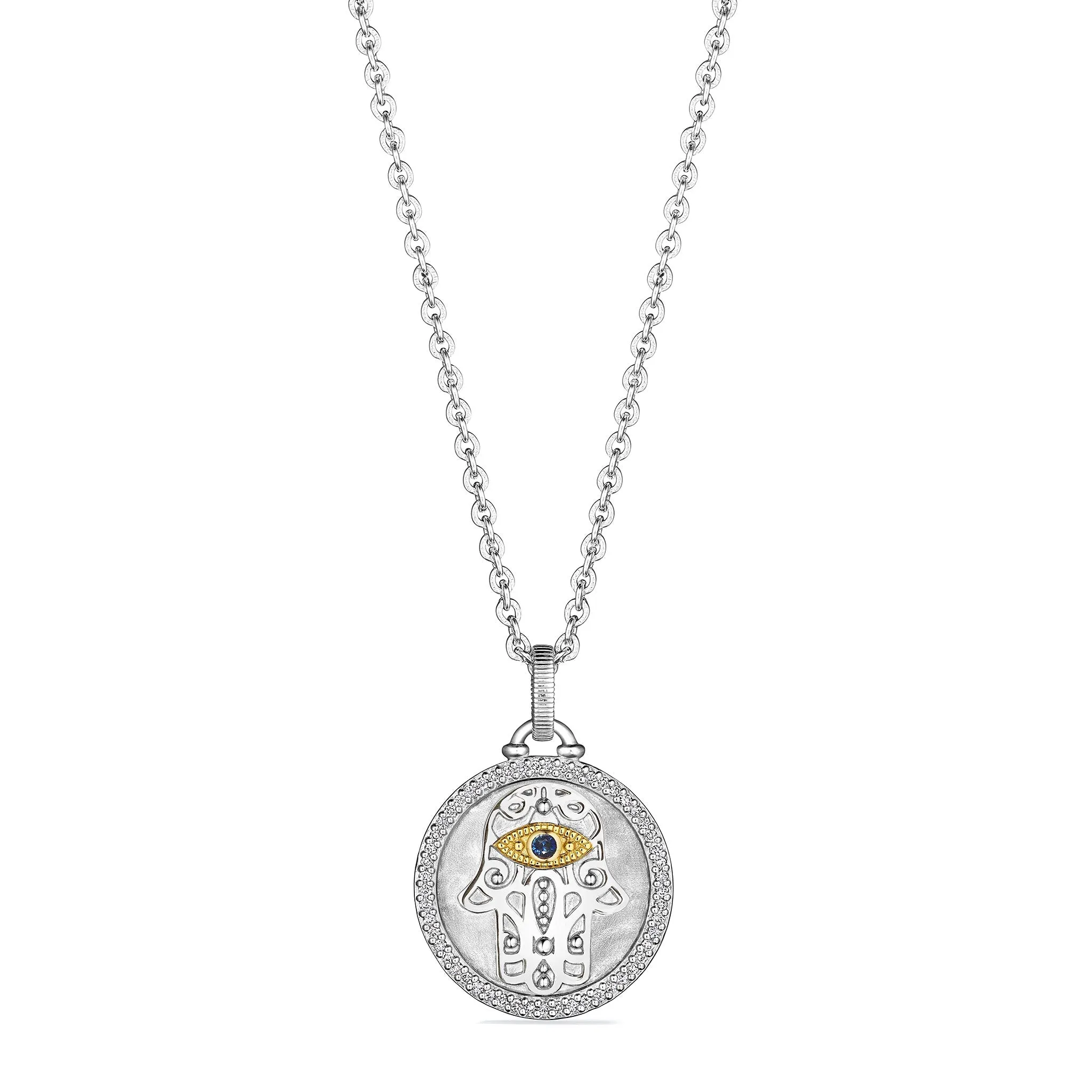 Little Luxuries Hamsa Medallion Necklace with Blue Sapphire, Diamonds and 18K Gold