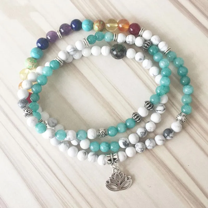 Lotus 7 Chakra Howlite Tourmaline 108 Mala Beads Bracelet