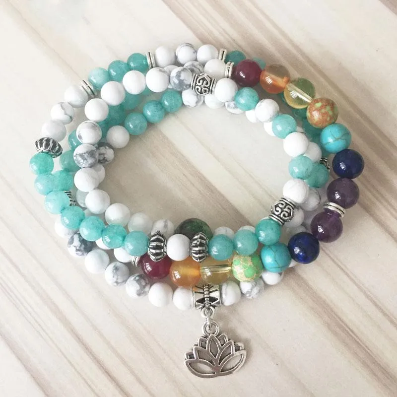 Lotus 7 Chakra Howlite Tourmaline 108 Mala Beads Bracelet