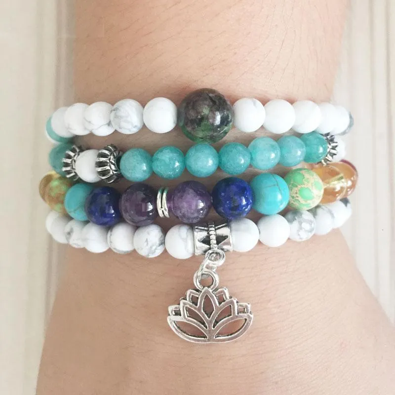 Lotus 7 Chakra Howlite Tourmaline 108 Mala Beads Bracelet