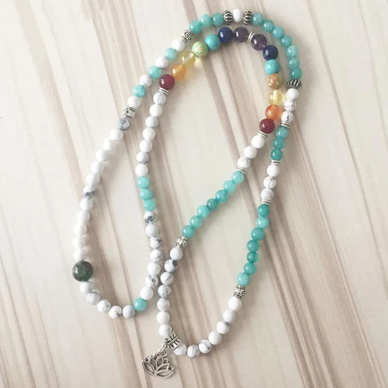 Lotus 7 Chakra Howlite Tourmaline 108 Mala Beads Bracelet