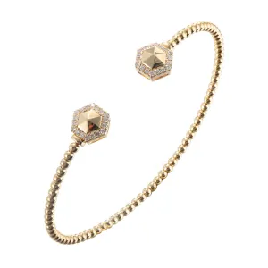 Modern Yellow Gold Diamond Beaded Bangle Bracelet with Hexagonal Studs, 0.25 cttw