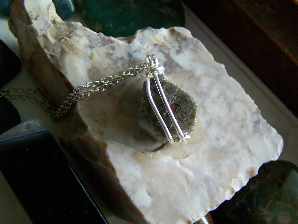 Natural Green Sapphire Corundum Red Hematite Wire Wrapped Pendant