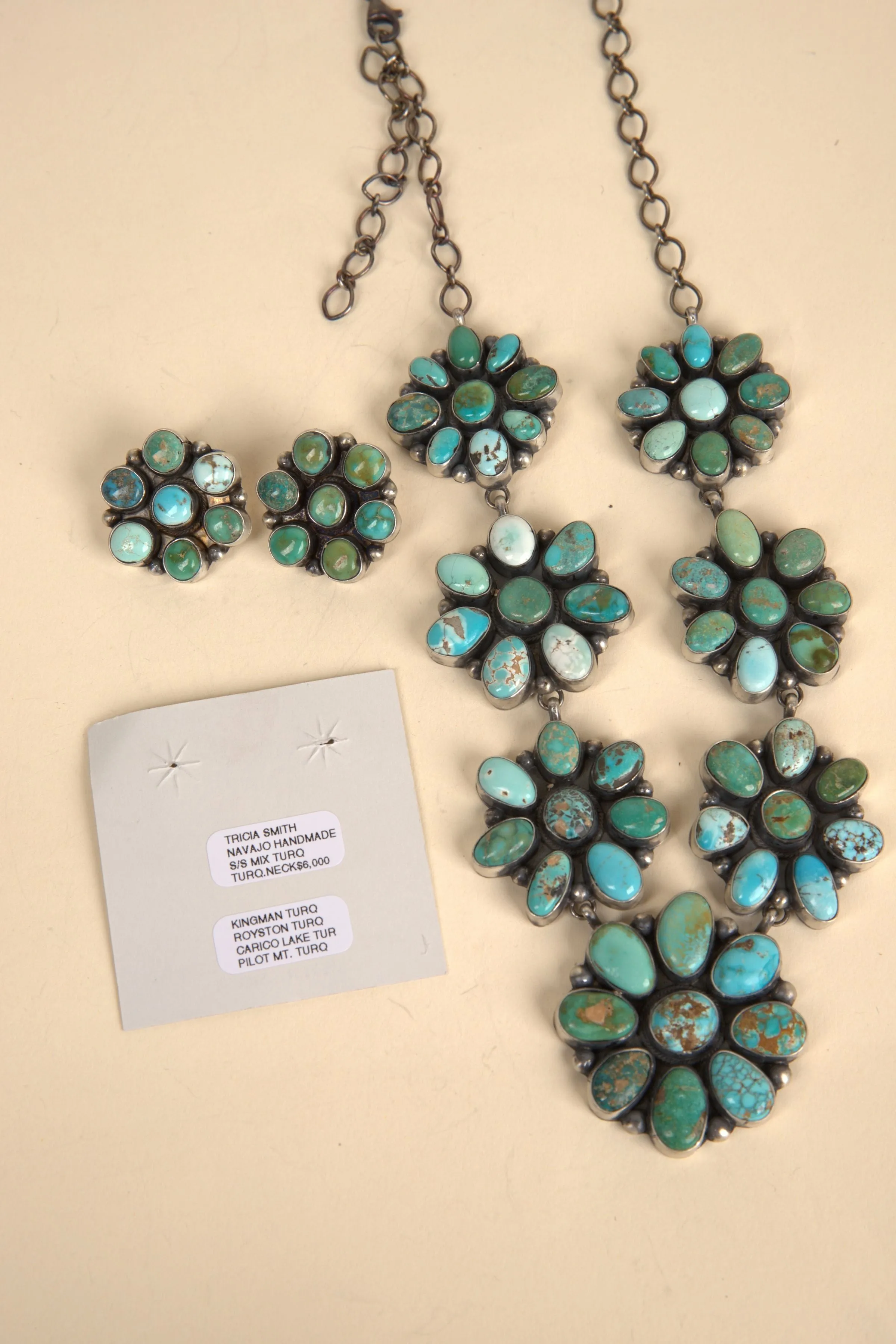 Navajo Handmade Mix of Carico Lake, Kingman & Royston Turquoise Necklace and Earring Set - 12