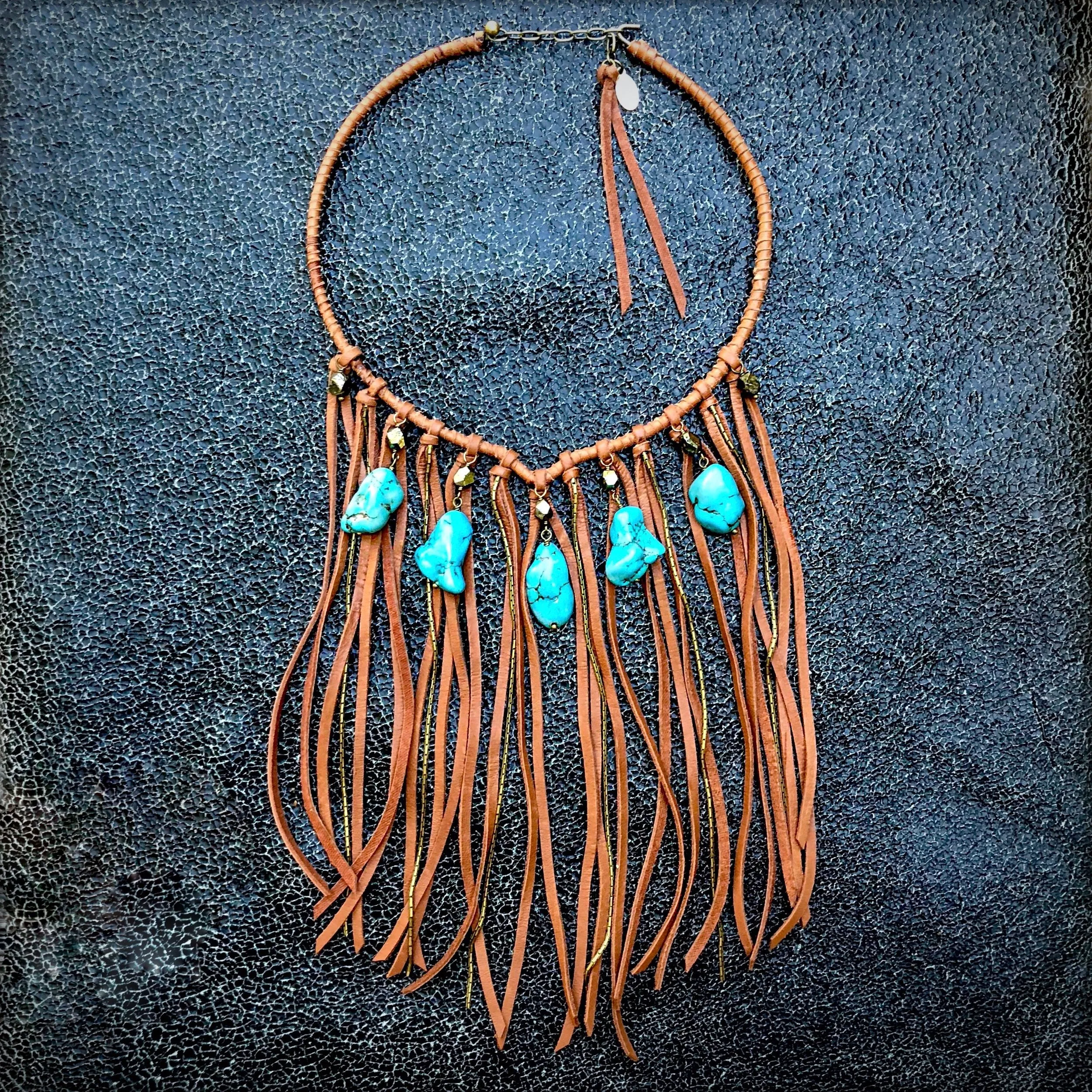 Necklace, Collar with Rust Deerskin Fringe & Turquoise Stones - Sale!