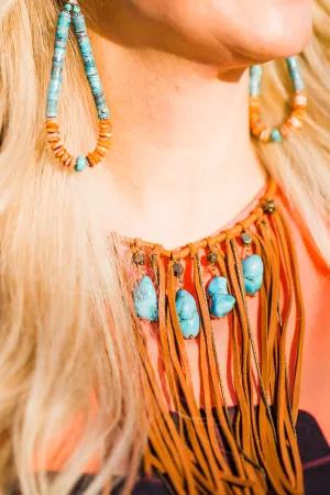 Necklace, Collar with Rust Deerskin Fringe & Turquoise Stones - Sale!