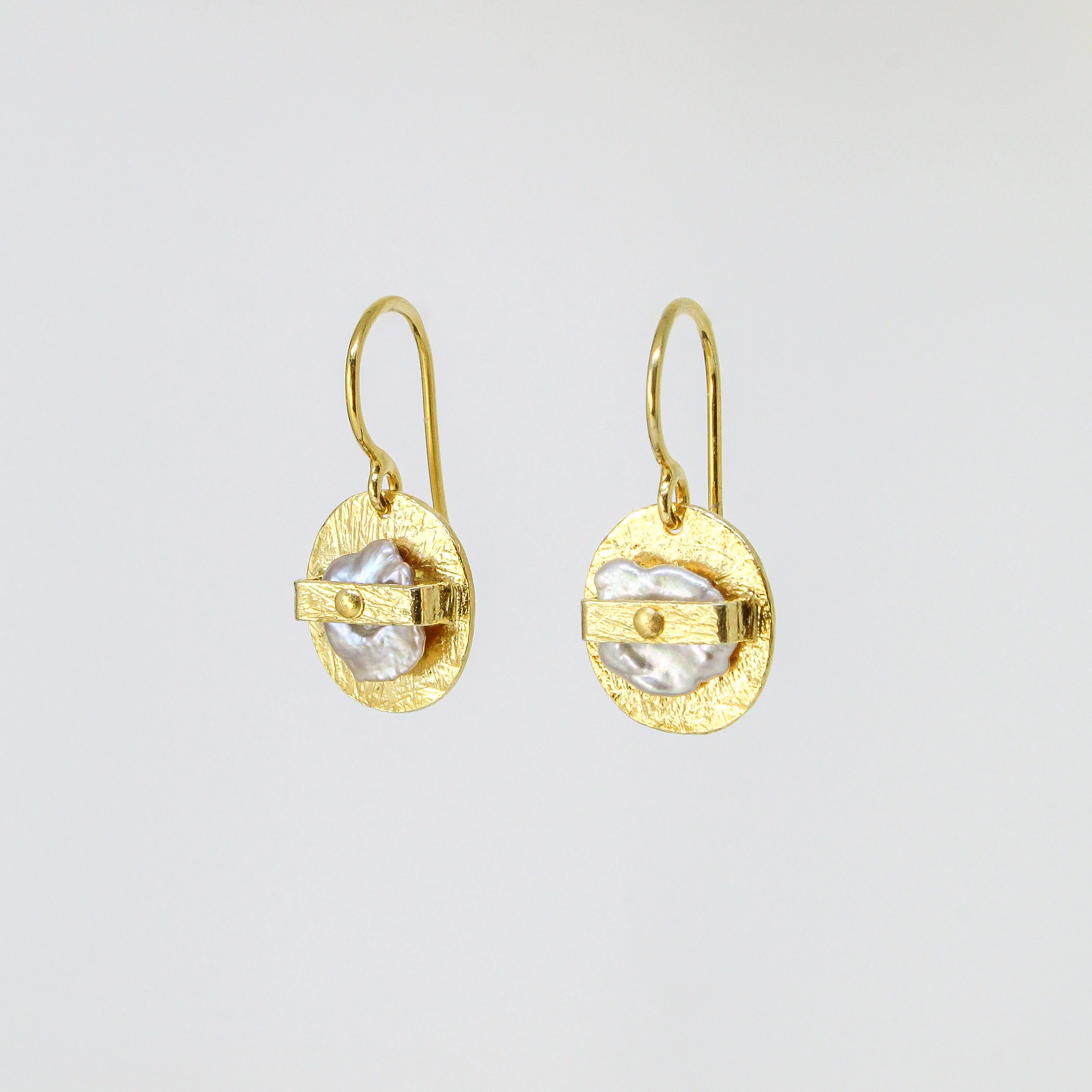 NEW! Small Carved Band Earwire Earrings, Gold Vermeil with Biwa Pearls by Heather Guidero