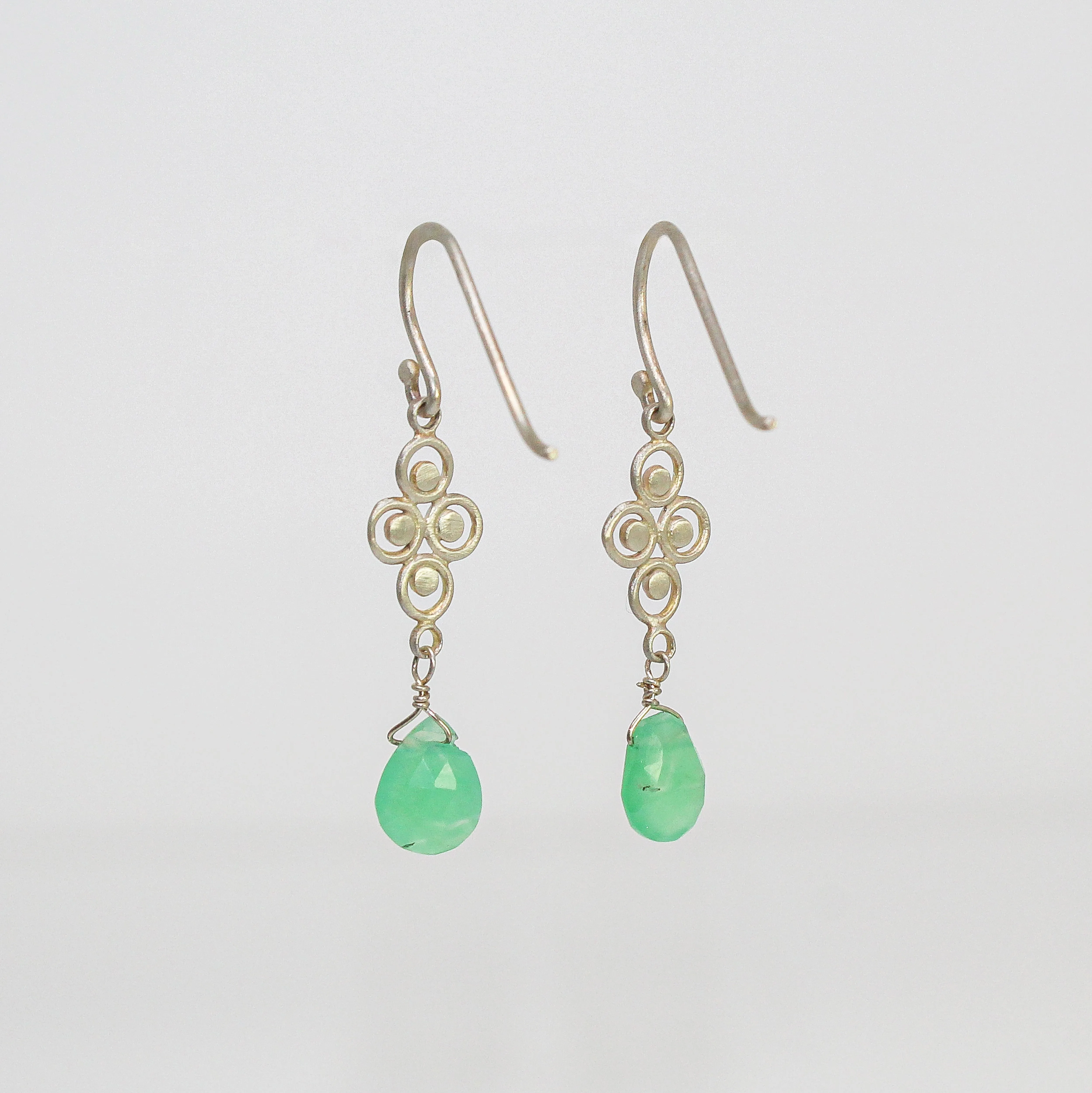 NEW! Sterling Silver Small Filigree Earrings with Chrysoprase by Ananda Khalsa