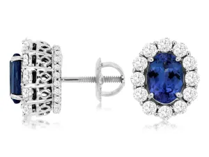 Oval Tanzanite Intricate Diamond Halo Stud Earrings