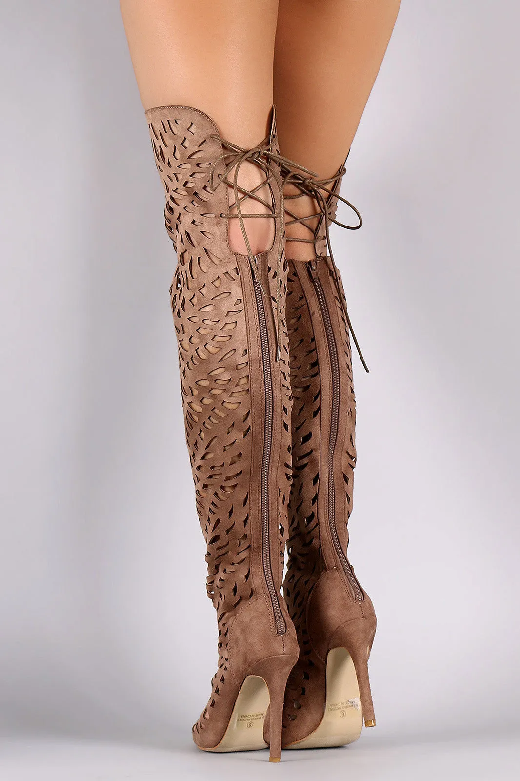 Over The Knee Teardrop Cutout Peep Toe Stiletto Boots