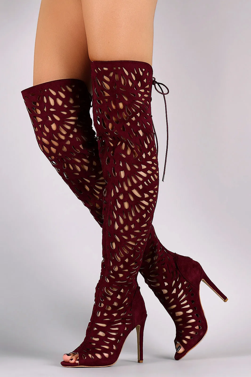 Over The Knee Teardrop Cutout Peep Toe Stiletto Boots