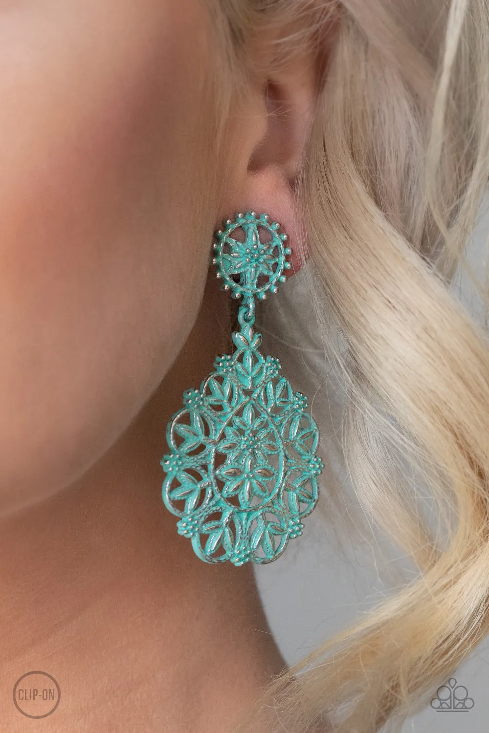 Paparazzi Blissfully Boho Earrings Green (Clip Ons)