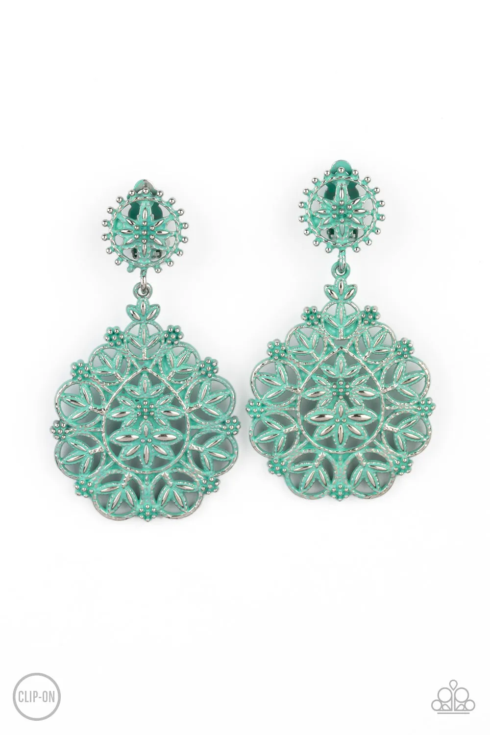 Paparazzi Blissfully Boho Earrings Green (Clip Ons)