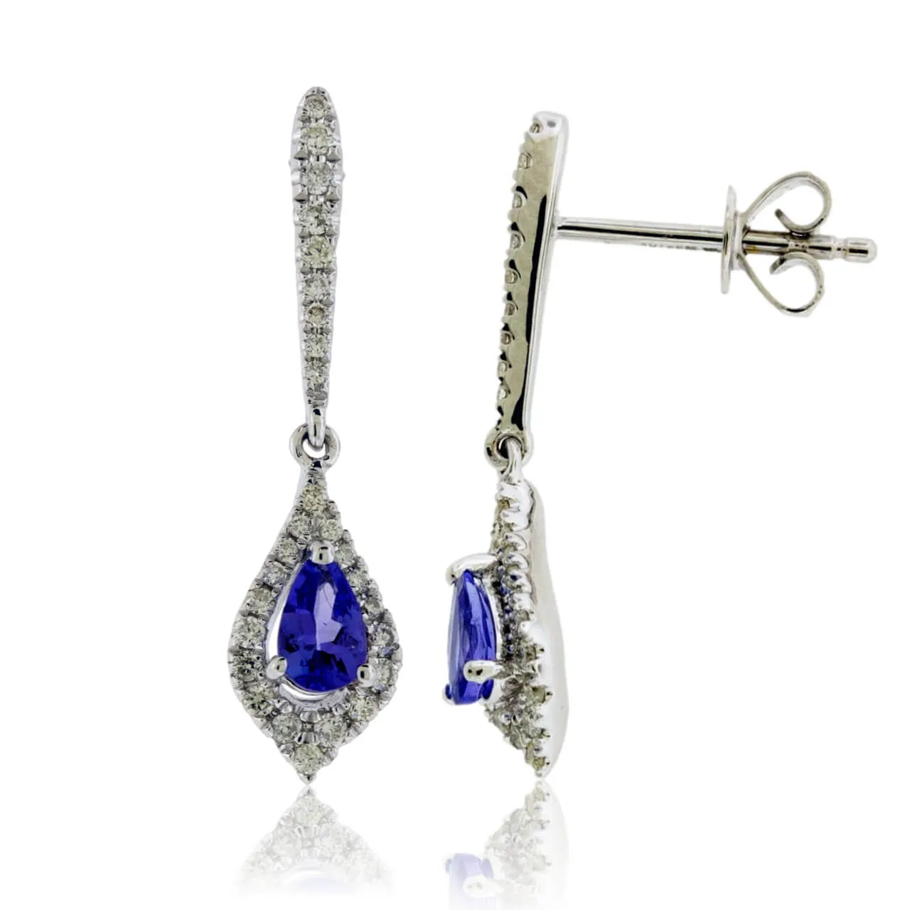 Pear Shaped Tanzanite and Diamond Halo Dangle Earrings