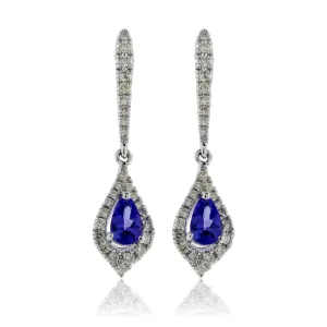 Pear Shaped Tanzanite and Diamond Halo Dangle Earrings