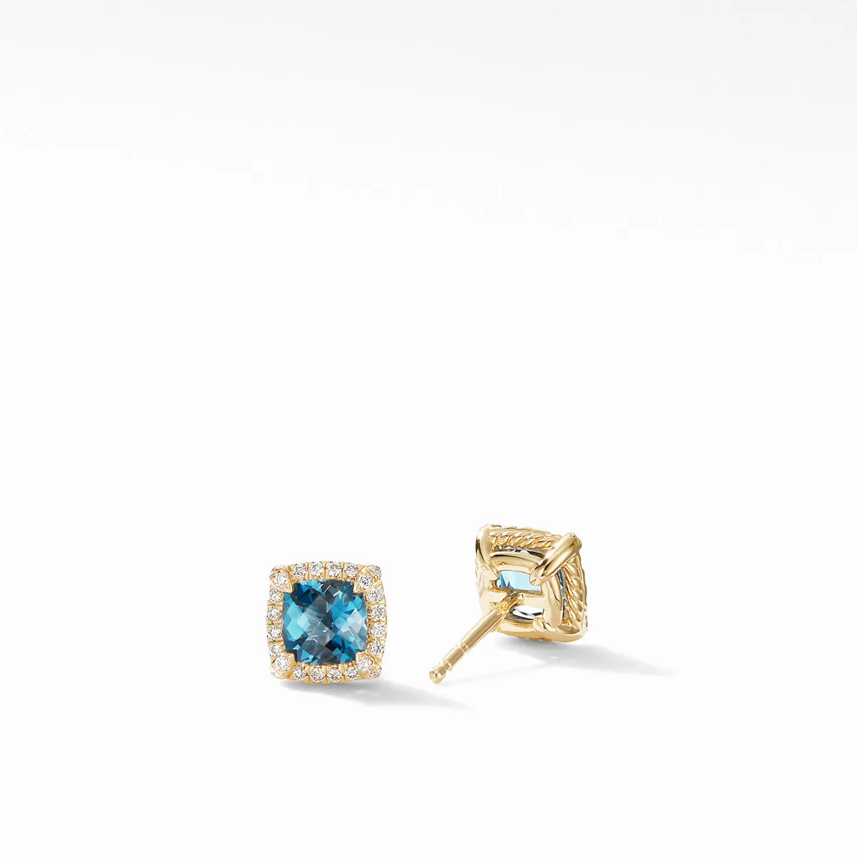 Petite Chatelaine Pave Bezel Stud Earrings in 18K Yellow Gold with Hampton Blue Topaz