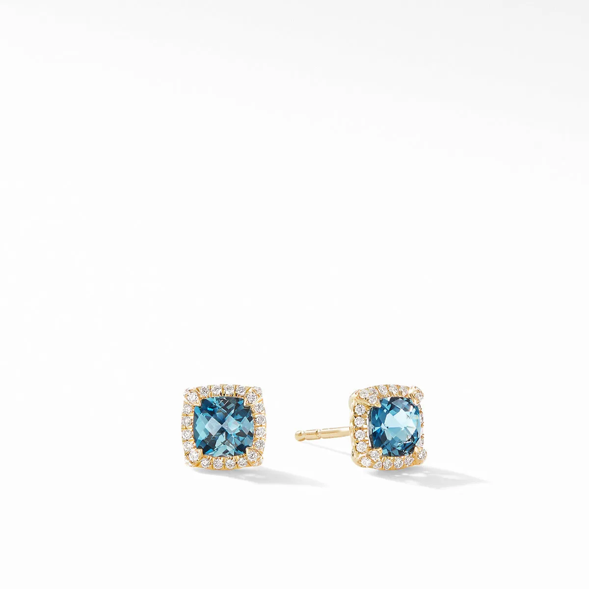 Petite Chatelaine Pave Bezel Stud Earrings in 18K Yellow Gold with Hampton Blue Topaz