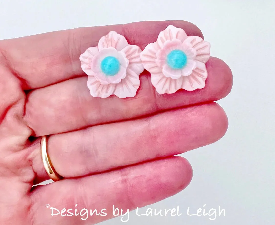 Pink Pearl & Aqua Gemstone Floral Studs