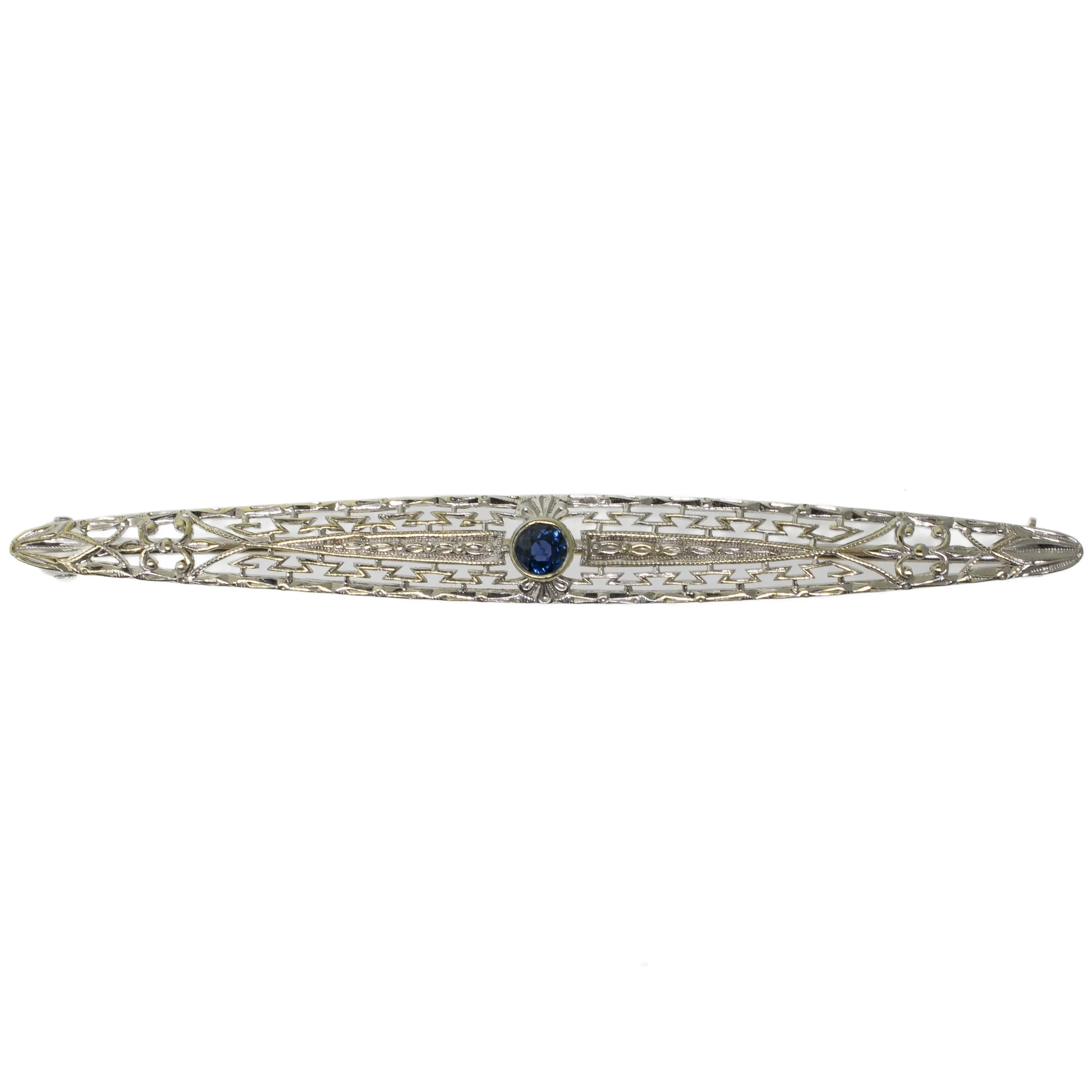 Preowned 14K White Gold Filigree Pin with Sapphire - 63.5mm Long