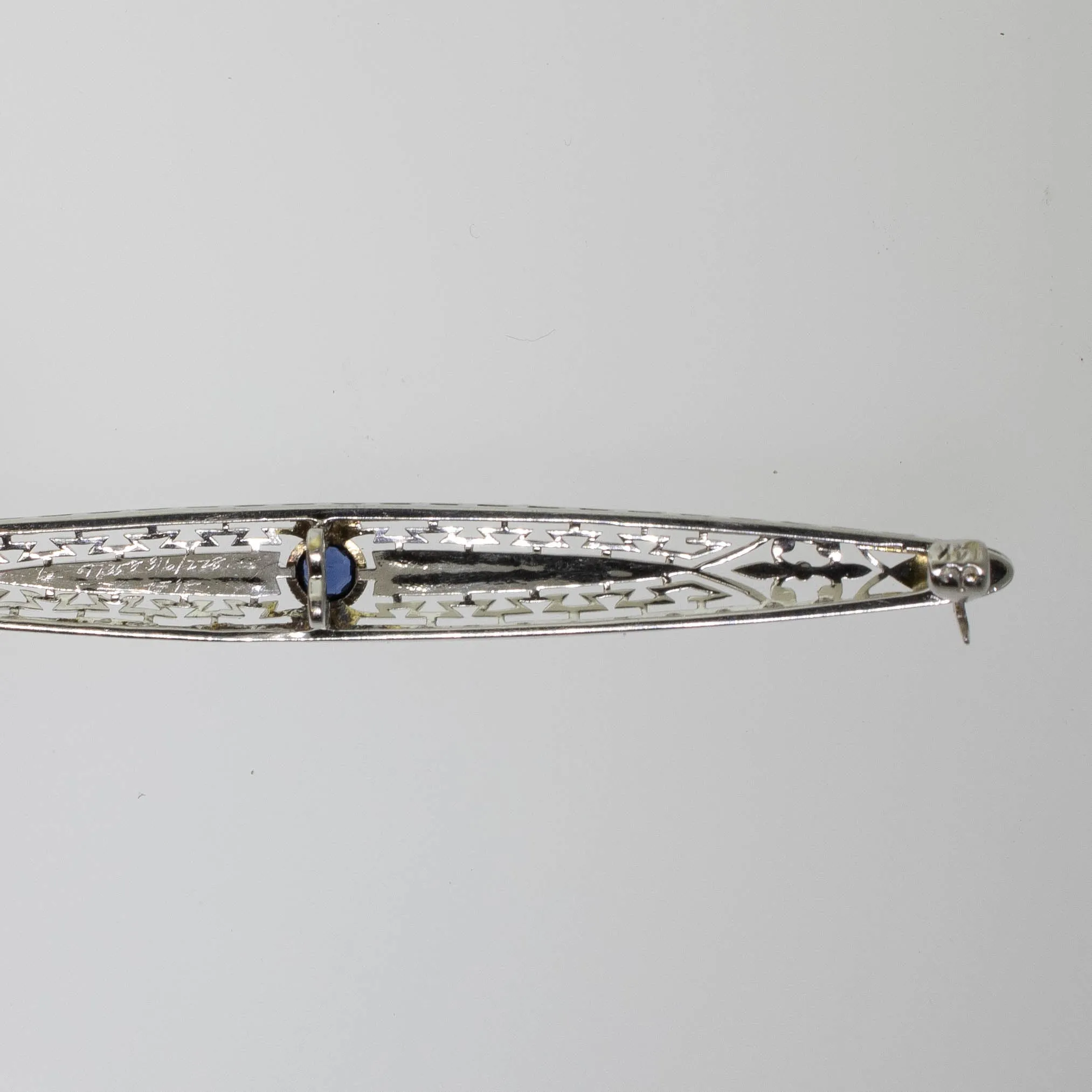 Preowned 14K White Gold Filigree Pin with Sapphire - 63.5mm Long