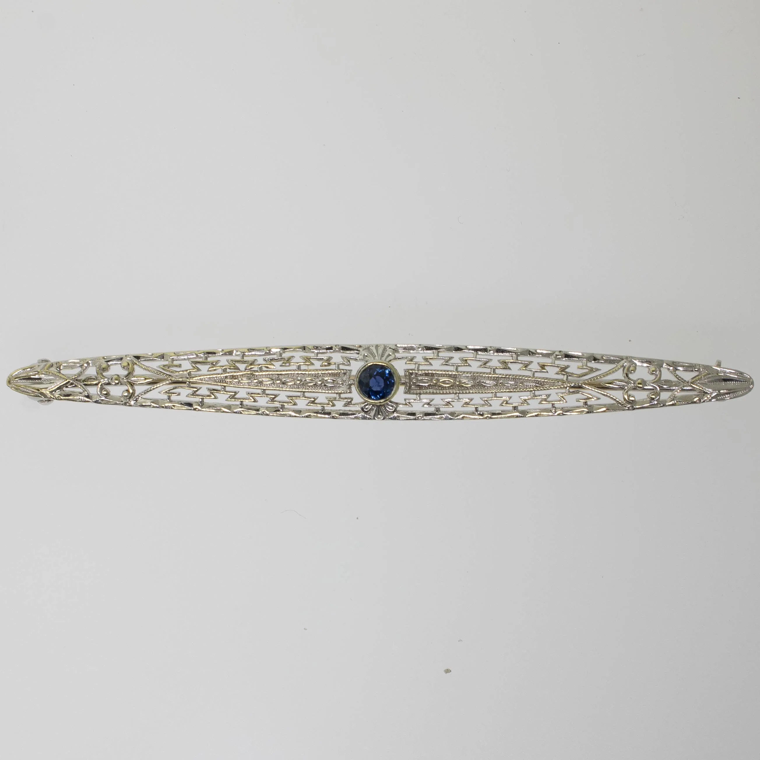 Preowned 14K White Gold Filigree Pin with Sapphire - 63.5mm Long