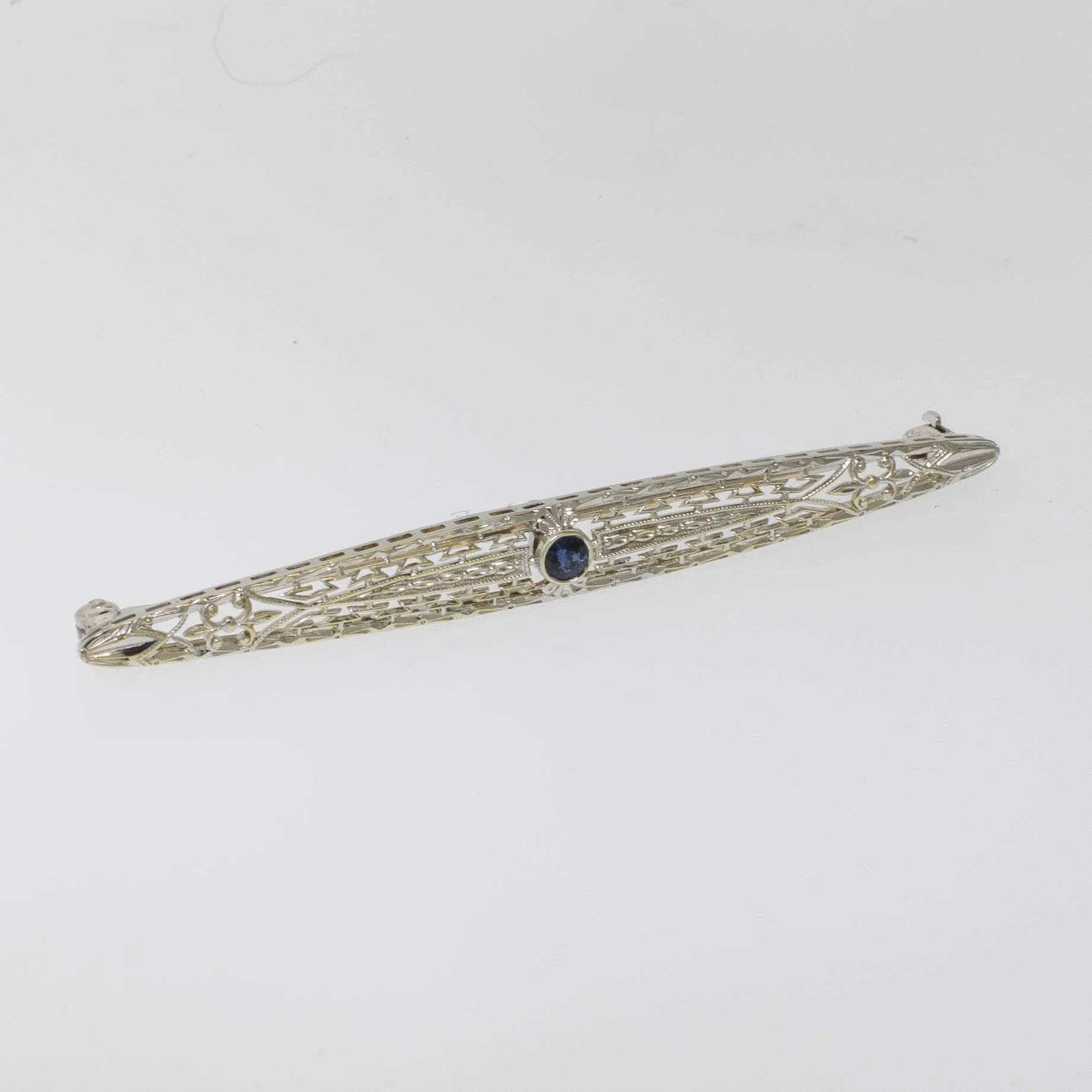 Preowned 14K White Gold Filigree Pin with Sapphire - 63.5mm Long