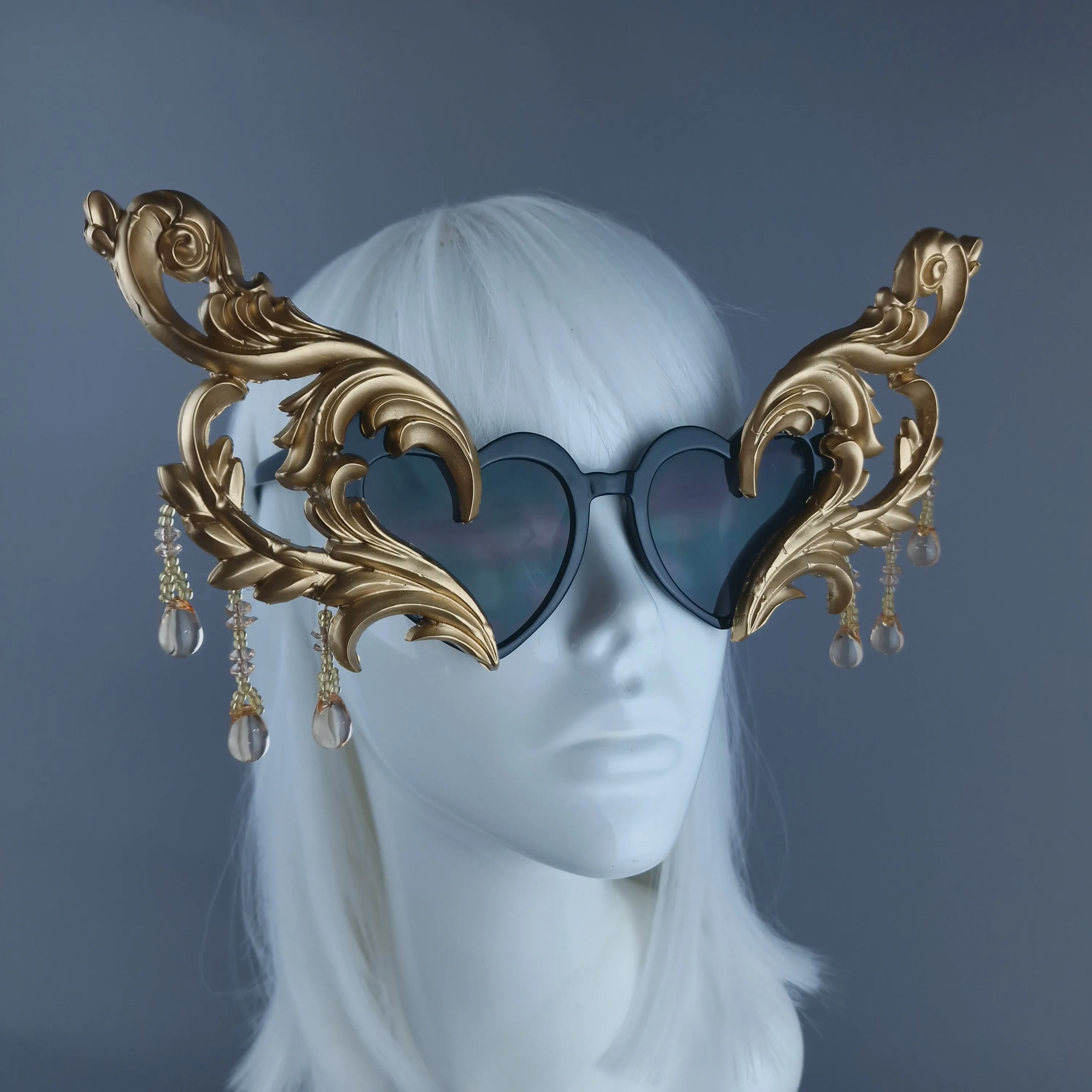 "Novela" OTT Statement Black Heart Gold Filigree & Beading Sunglasses