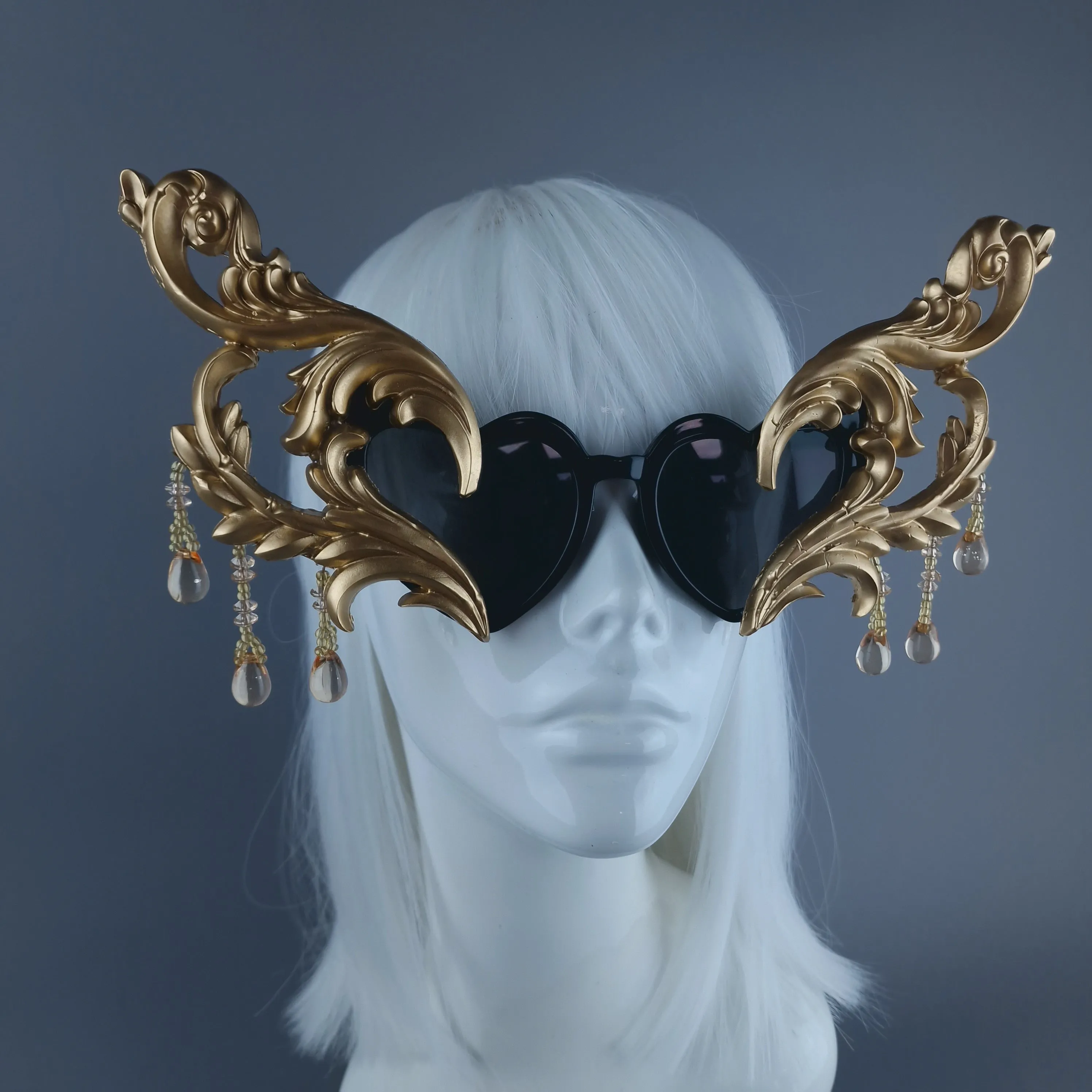 "Novela" OTT Statement Black Heart Gold Filigree & Beading Sunglasses