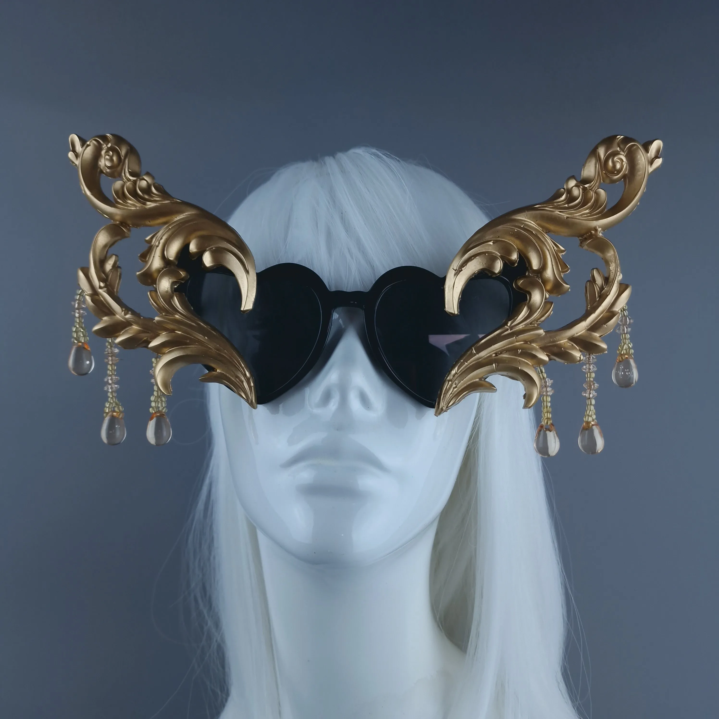 "Novela" OTT Statement Black Heart Gold Filigree & Beading Sunglasses