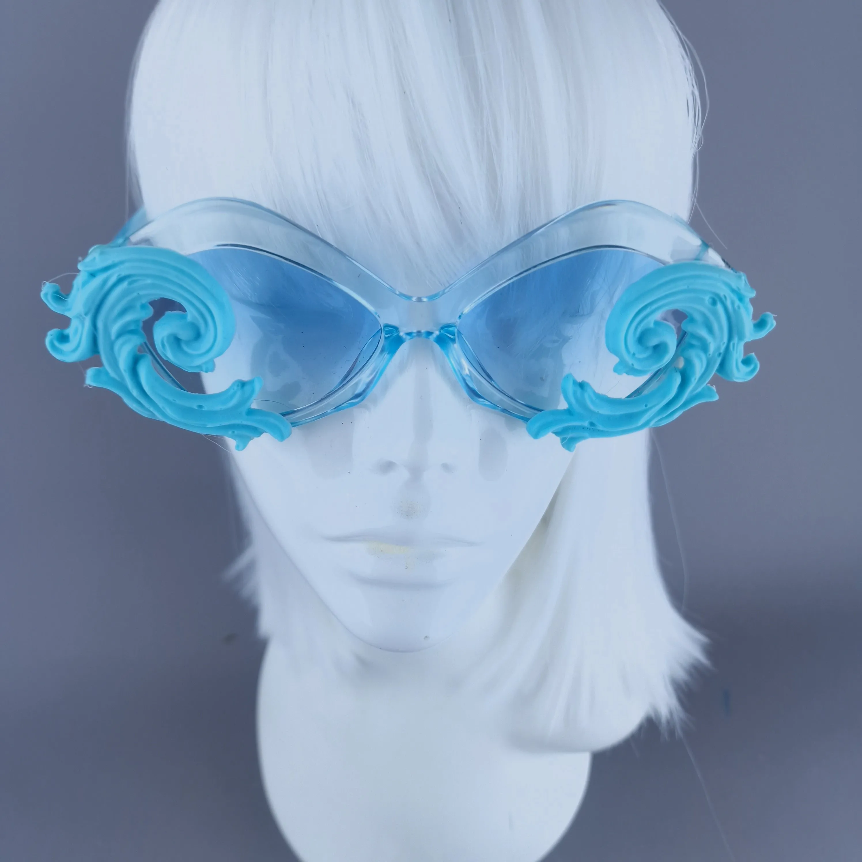 "Rue" Cat Eye Filigree Sunglasses - Blue with Blue Lenses