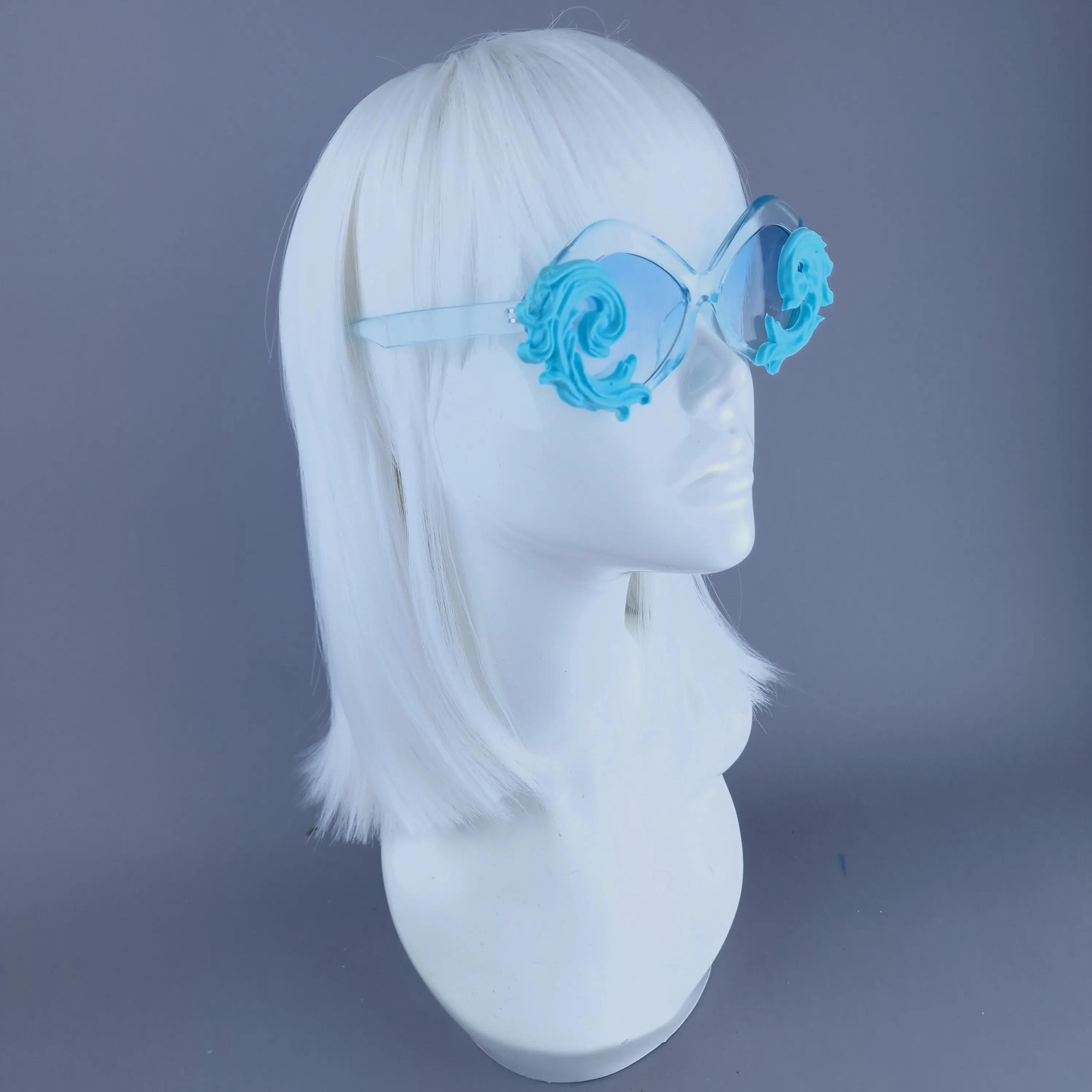 "Rue" Cat Eye Filigree Sunglasses - Blue with Blue Lenses