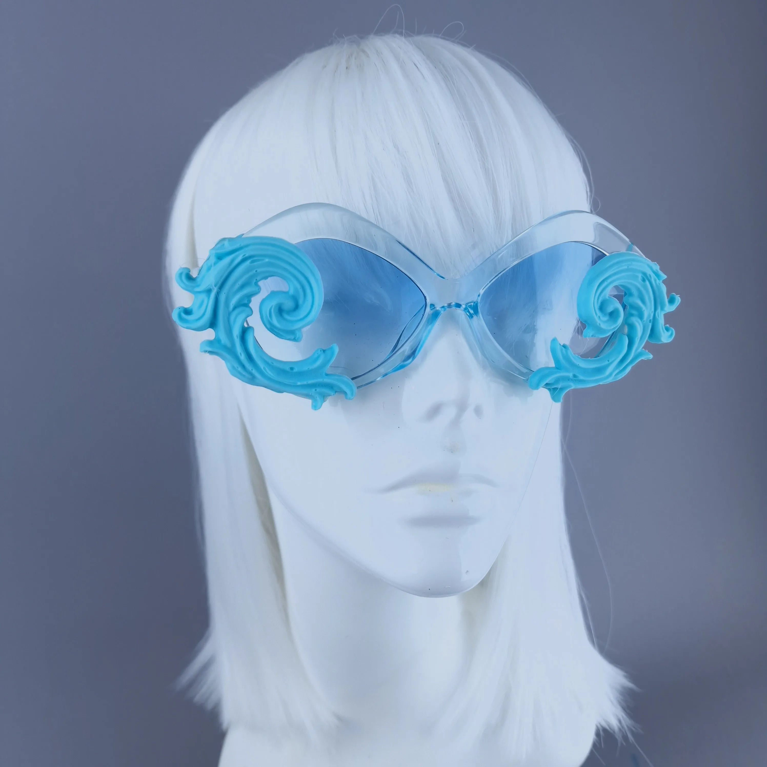 "Rue" Cat Eye Filigree Sunglasses - Blue with Blue Lenses