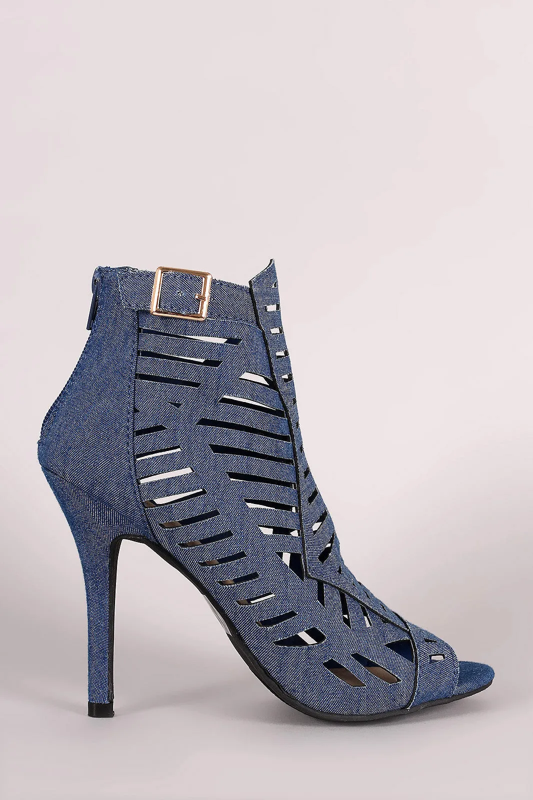 Qupid Denim Perforated Peep Toe Stiletto Heel