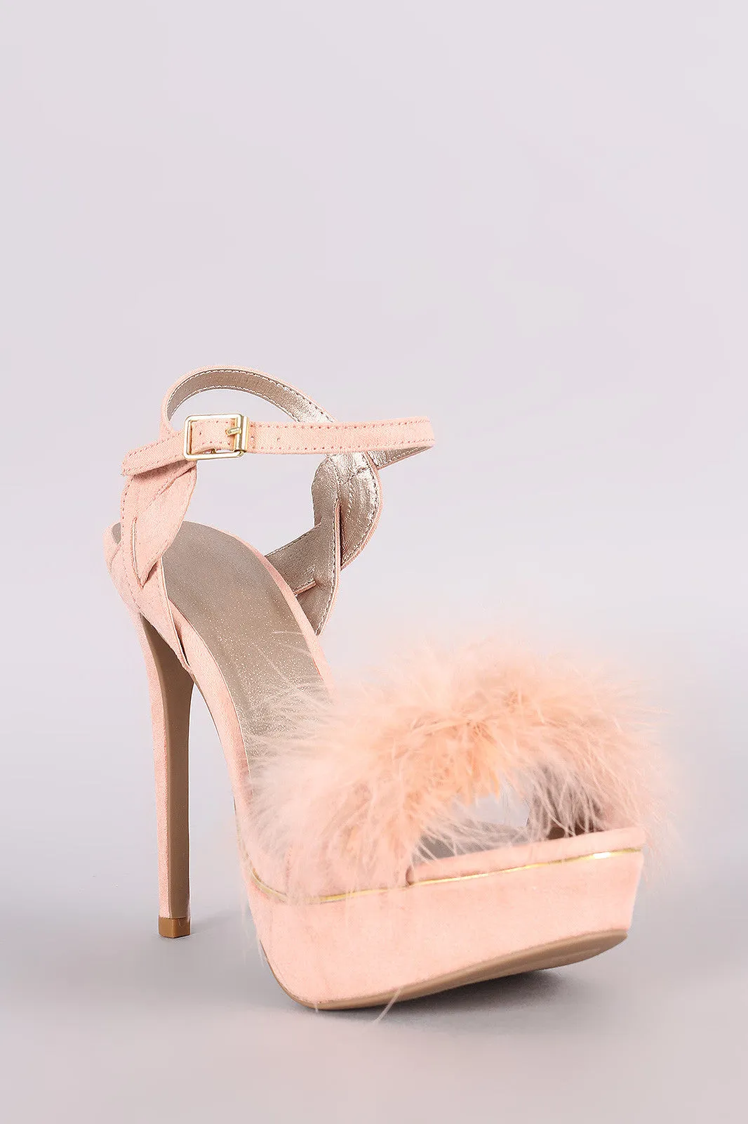 Qupid Faux Feather Band Ankle Strap Suede Stiletto Platform Heel