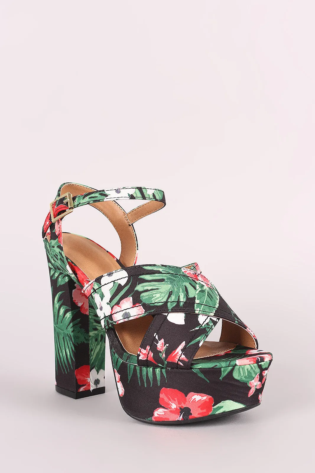 Qupid Floral Print Crisscross Ankle Strap Chunky Platform Heel