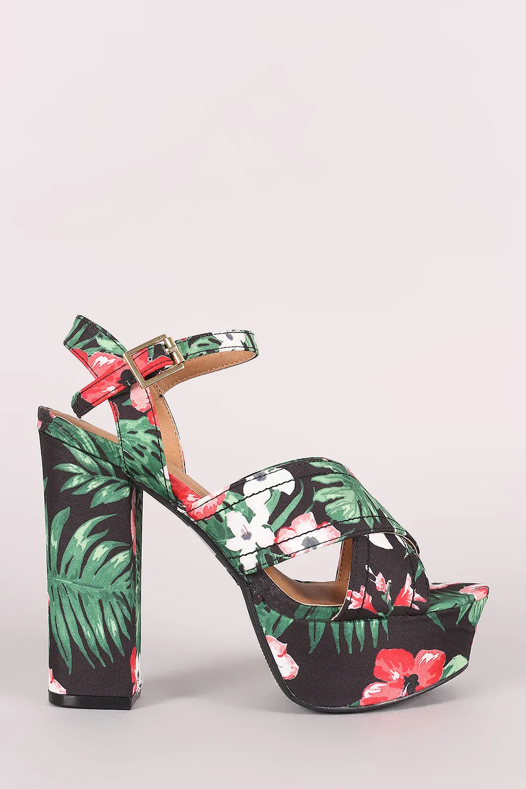 Qupid Floral Print Crisscross Ankle Strap Chunky Platform Heel