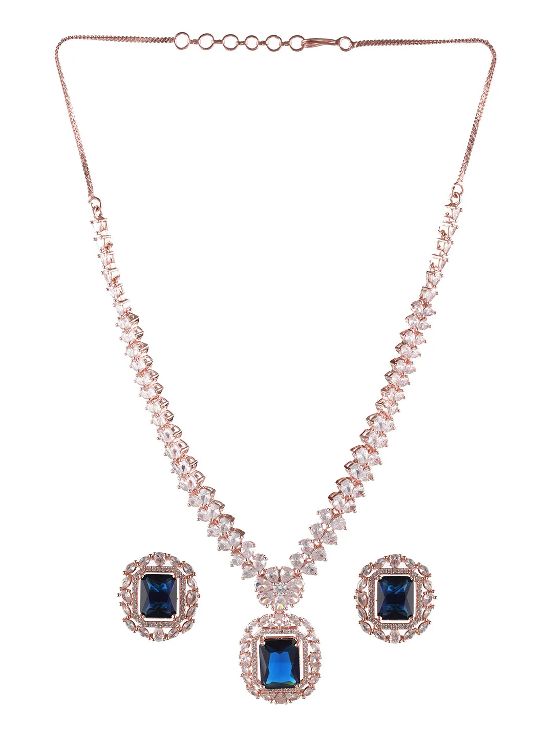 Rose-Gold Plated Blue American Diamond Studded Handcrafted Jewellery Set