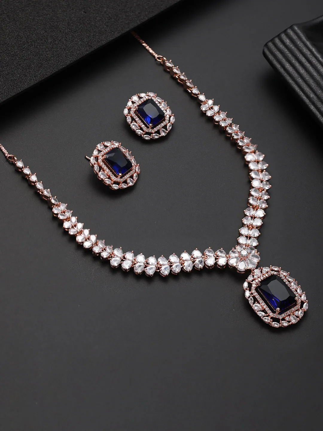 Rose-Gold Plated Blue American Diamond Studded Handcrafted Jewellery Set