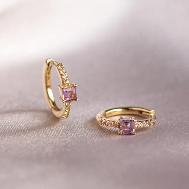 Solid Gold Elegant Amethyst Pave Huggie Hoops