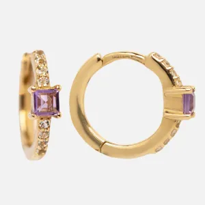 Solid Gold Elegant Amethyst Pave Huggie Hoops