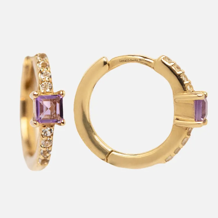 Solid Gold Elegant Amethyst Pave Huggie Hoops