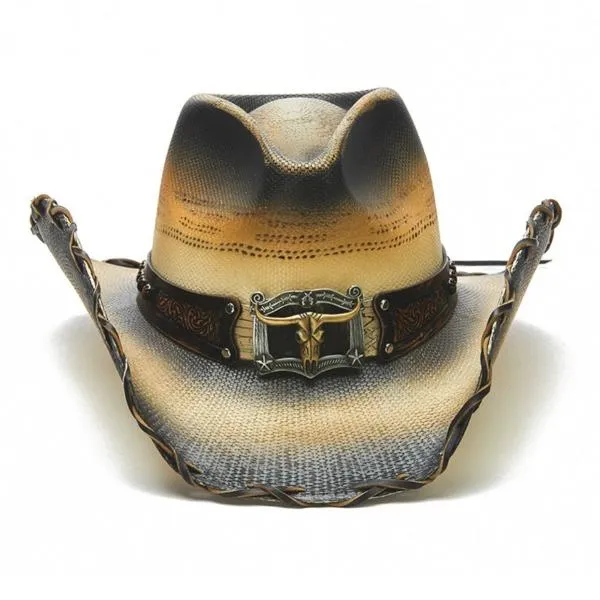 Stampede Western Straw Cowboy Hat - The Bull Horns Tea Stained