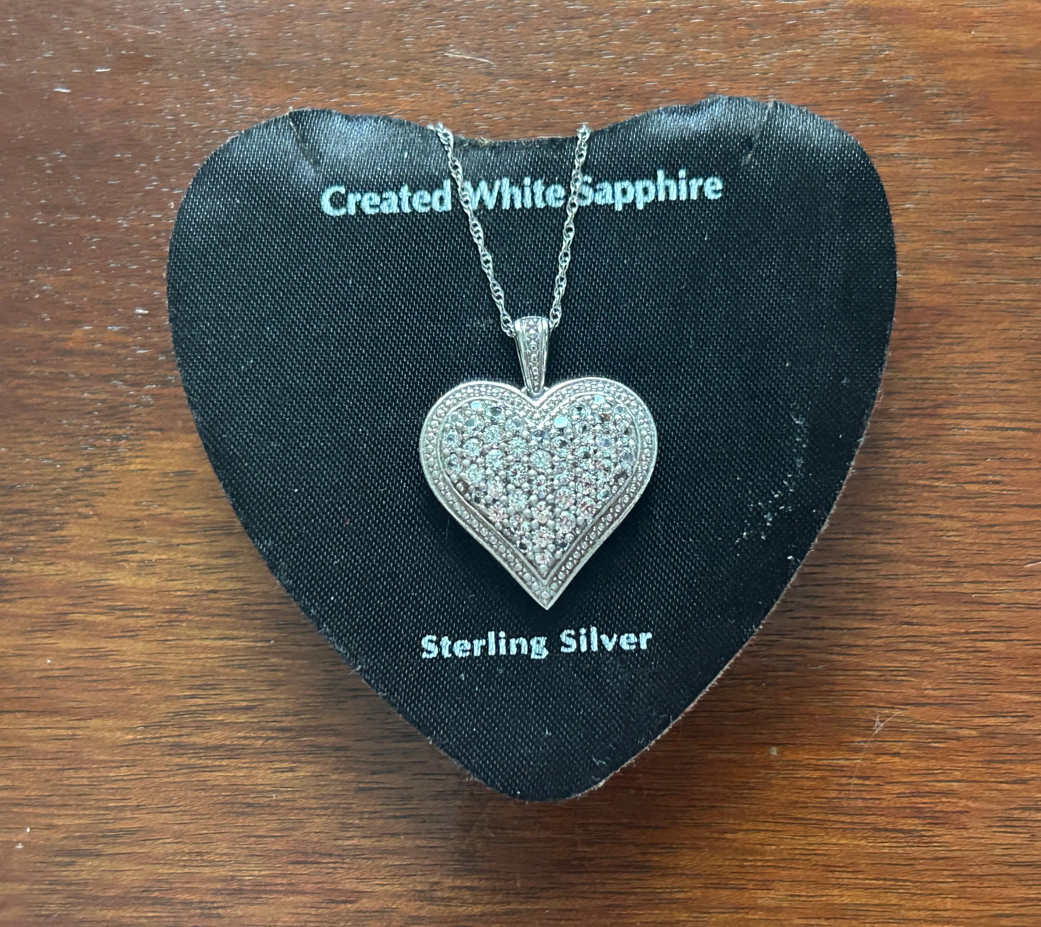 Sterling Silver 925 Created White Sapphire Pave Heart Pendant Chain Necklace